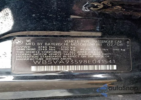 2008 BMW M3 z USA, uszkodzony, nr VIN WBSVA93598E041541